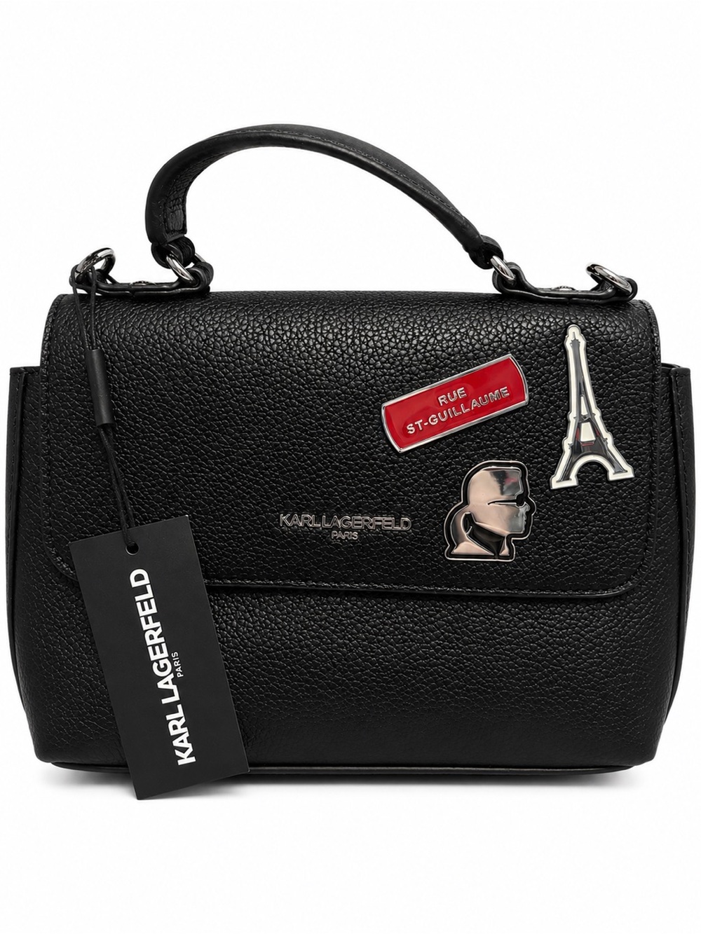 Karl Lagerfeld Black Satchel with Paris Badge Accents